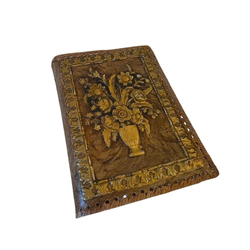 Vintage Floral Embossed Tooled Leather Book Bibkle Cover Handmade Tan/Brown